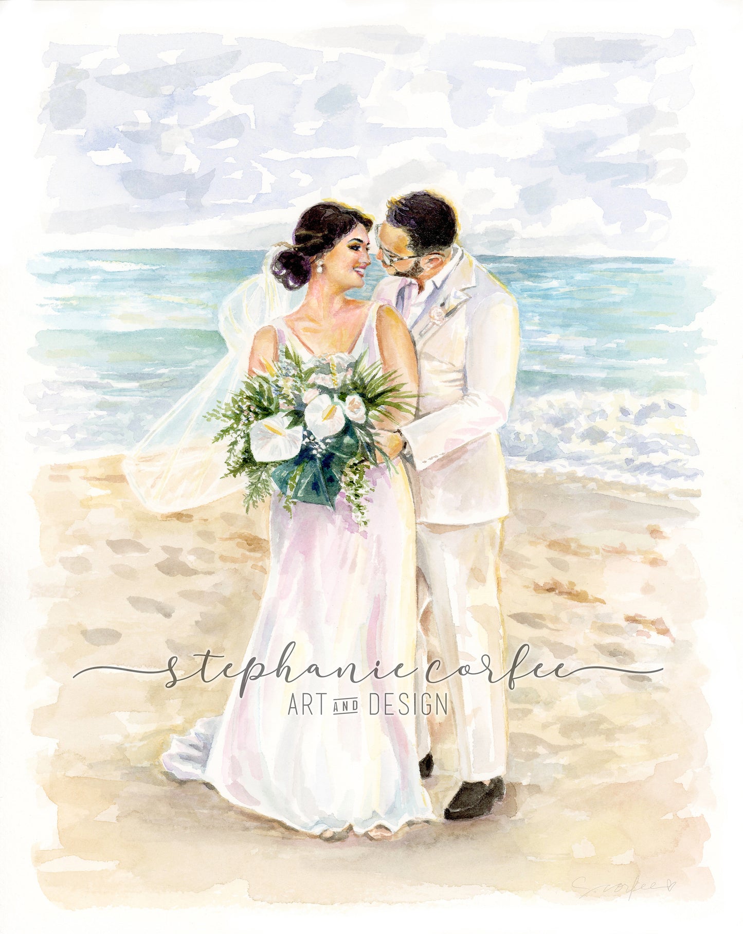 Watercolor Wedding Portrait - couples portrait,  bridal Portrait, B&W Portrait, Keepsake Portrait, Portrait Painting
