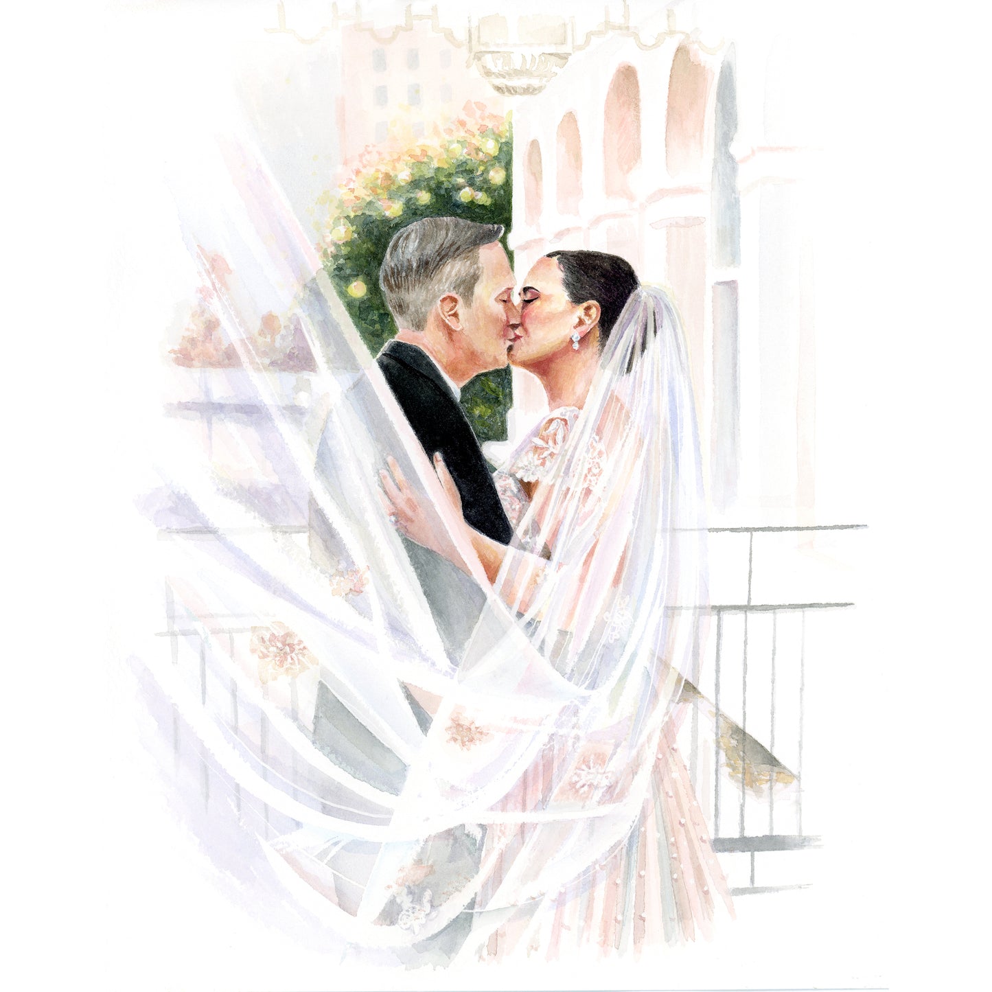 Watercolor Wedding Portrait - couples portrait,  bridal Portrait, B&W Portrait, Keepsake Portrait, Portrait Painting