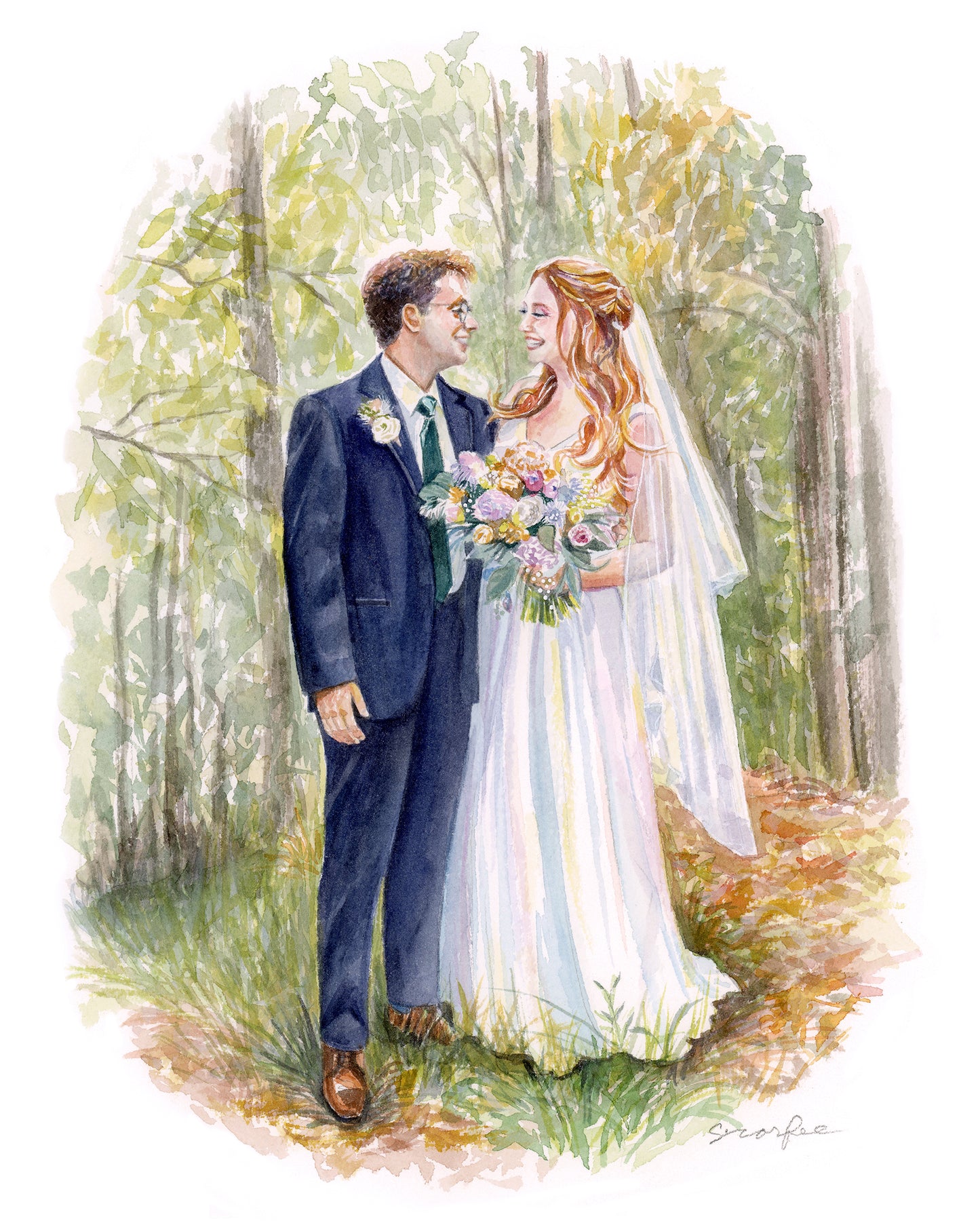 Watercolor Wedding Portrait - couples portrait,  bridal Portrait, B&W Portrait, Keepsake Portrait, Portrait Painting