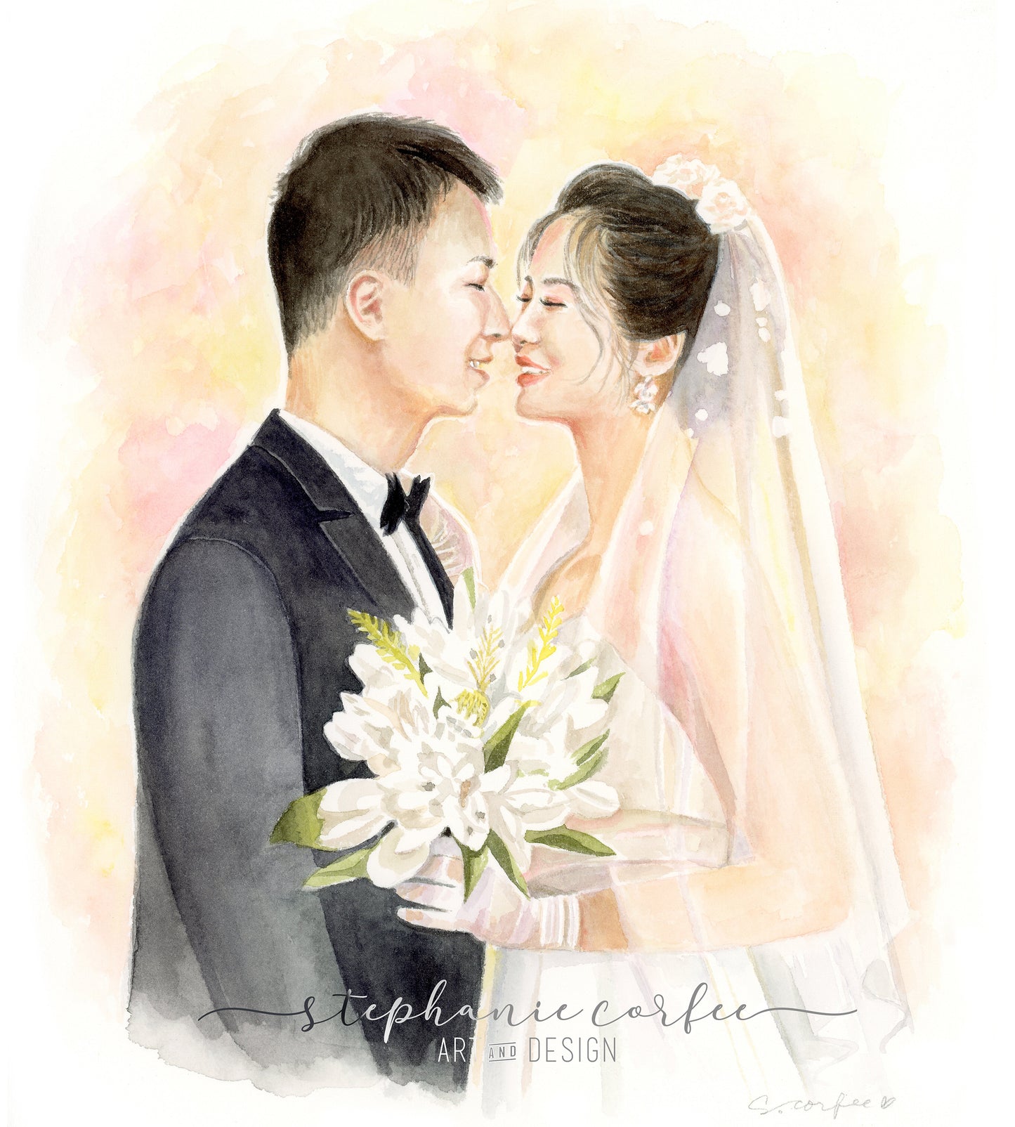 Watercolor Wedding Portrait - couples portrait,  bridal Portrait, B&W Portrait, Keepsake Portrait, Portrait Painting