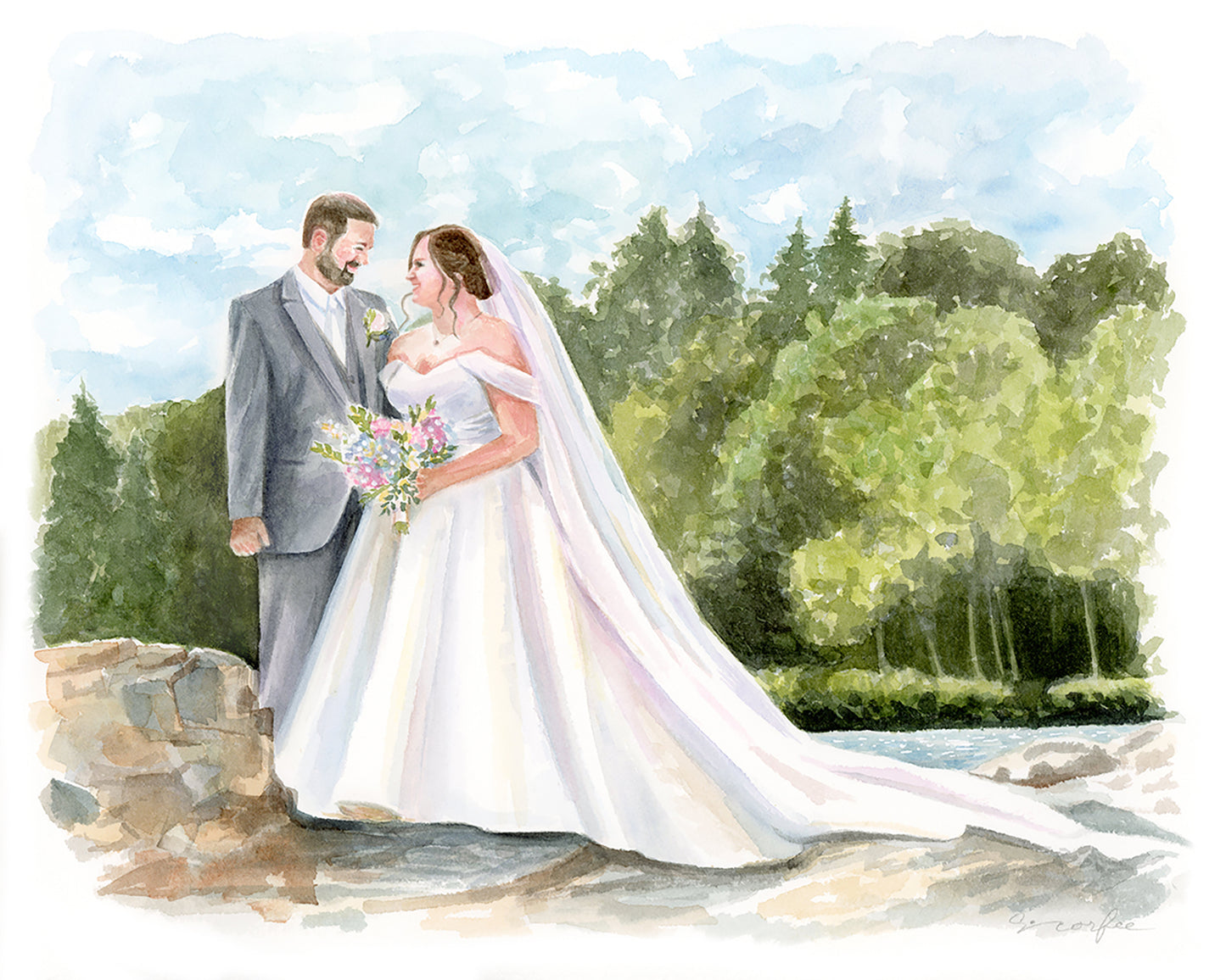 Watercolor Wedding Portrait - couples portrait,  bridal Portrait, B&W Portrait, Keepsake Portrait, Portrait Painting