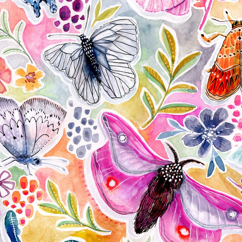 Things With Wings - PRINT - butterfly watercolor, flower art, Feminine Art, Girls Art, Nature Art, moth, dragonfly