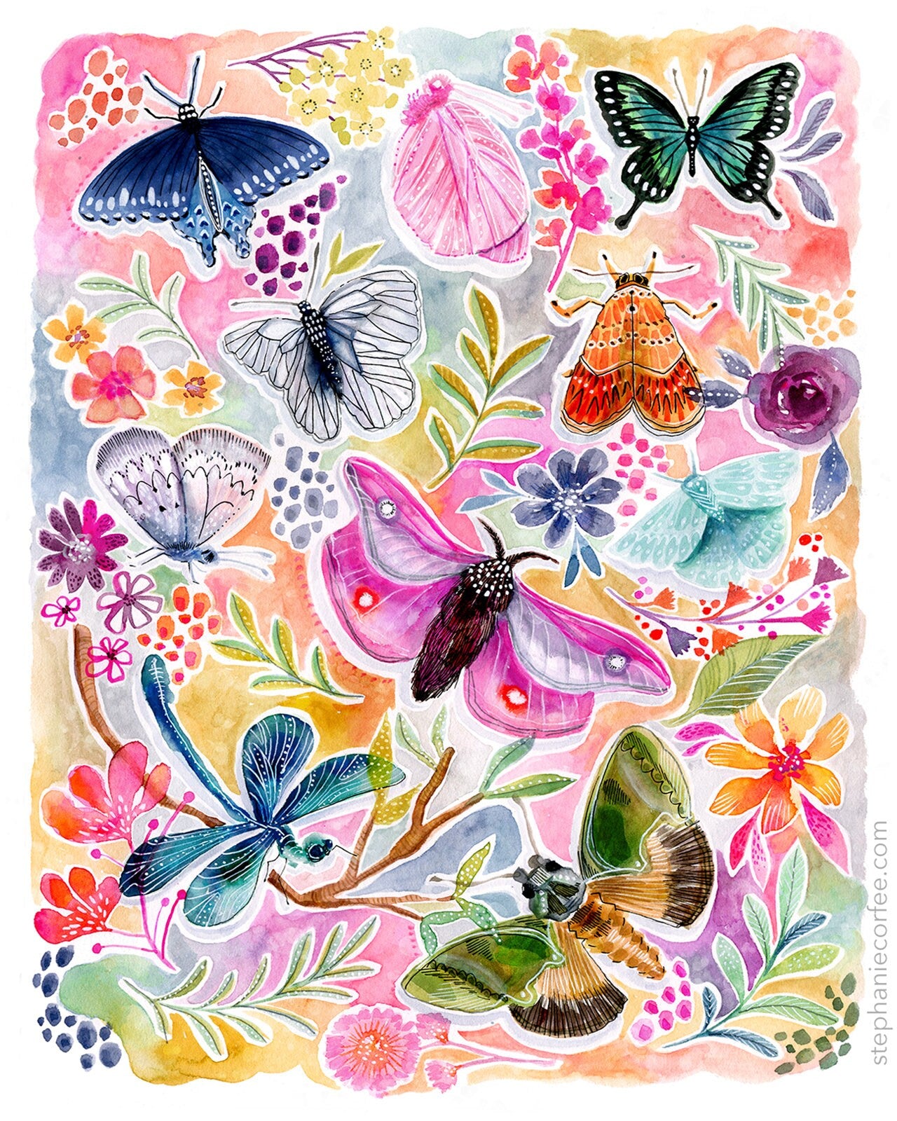 Things With Wings - PRINT - butterfly watercolor, flower art, Feminine Art, Girls Art, Nature Art, moth, dragonfly