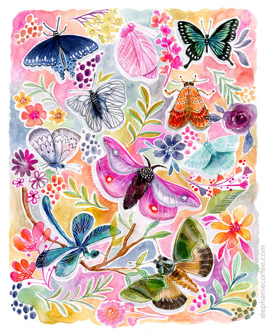 Things With Wings - PRINT - butterfly watercolor, flower art, Feminine Art, Girls Art, Nature Art, moth, dragonfly