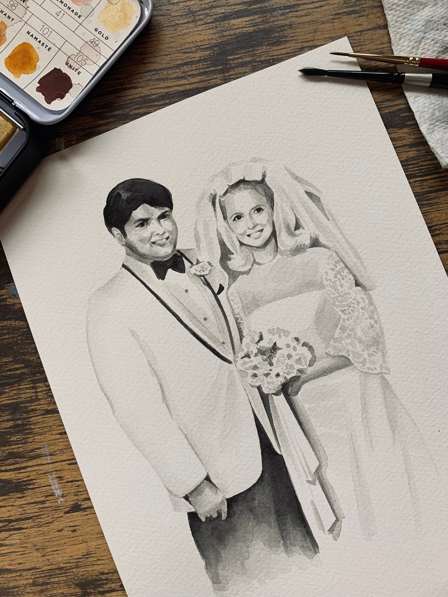 Watercolor Wedding Portrait - couples portrait,  bridal Portrait, B&W Portrait, Keepsake Portrait, Portrait Painting