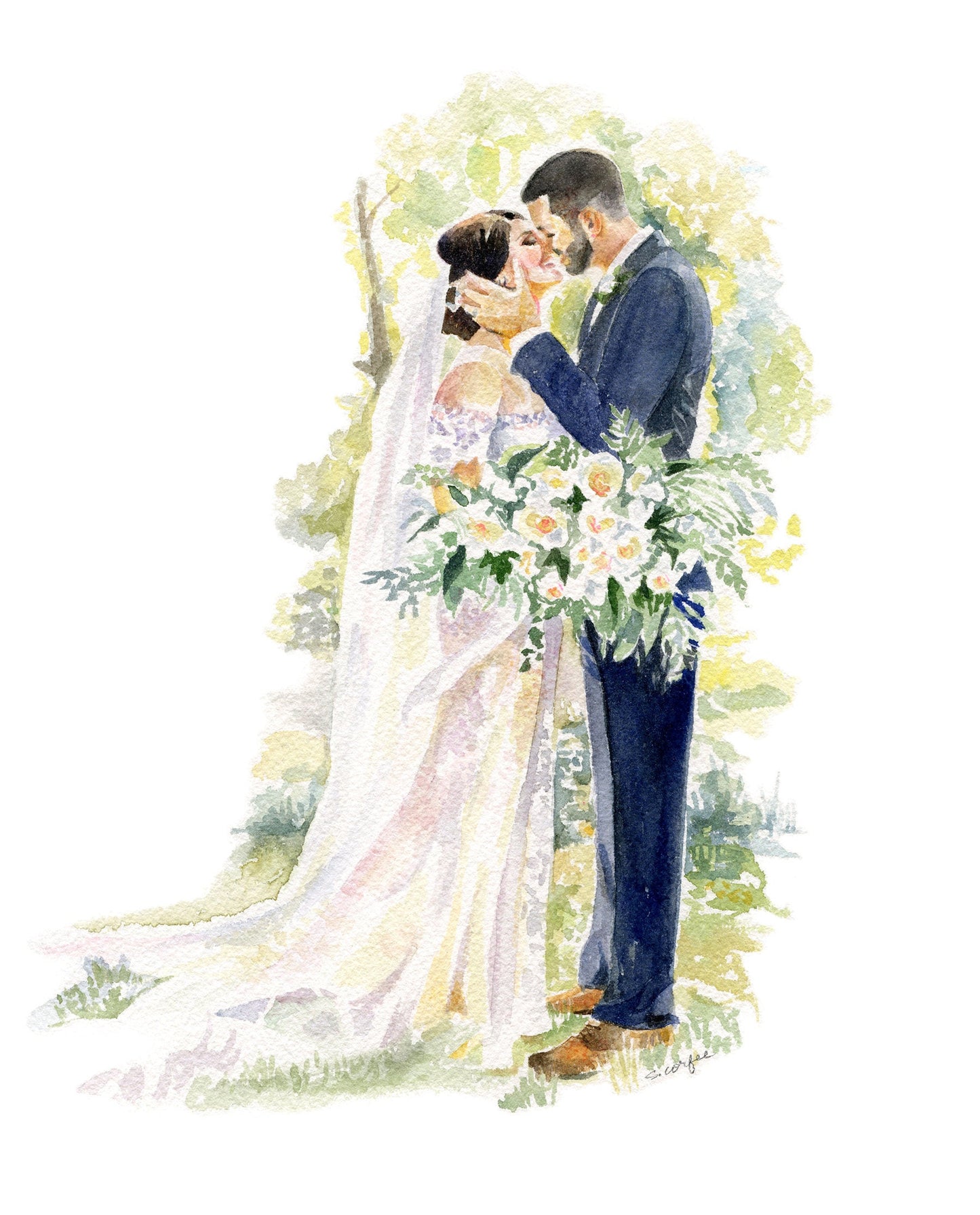 Watercolor Wedding Portrait - couples portrait,  bridal Portrait, B&W Portrait, Keepsake Portrait, Portrait Painting