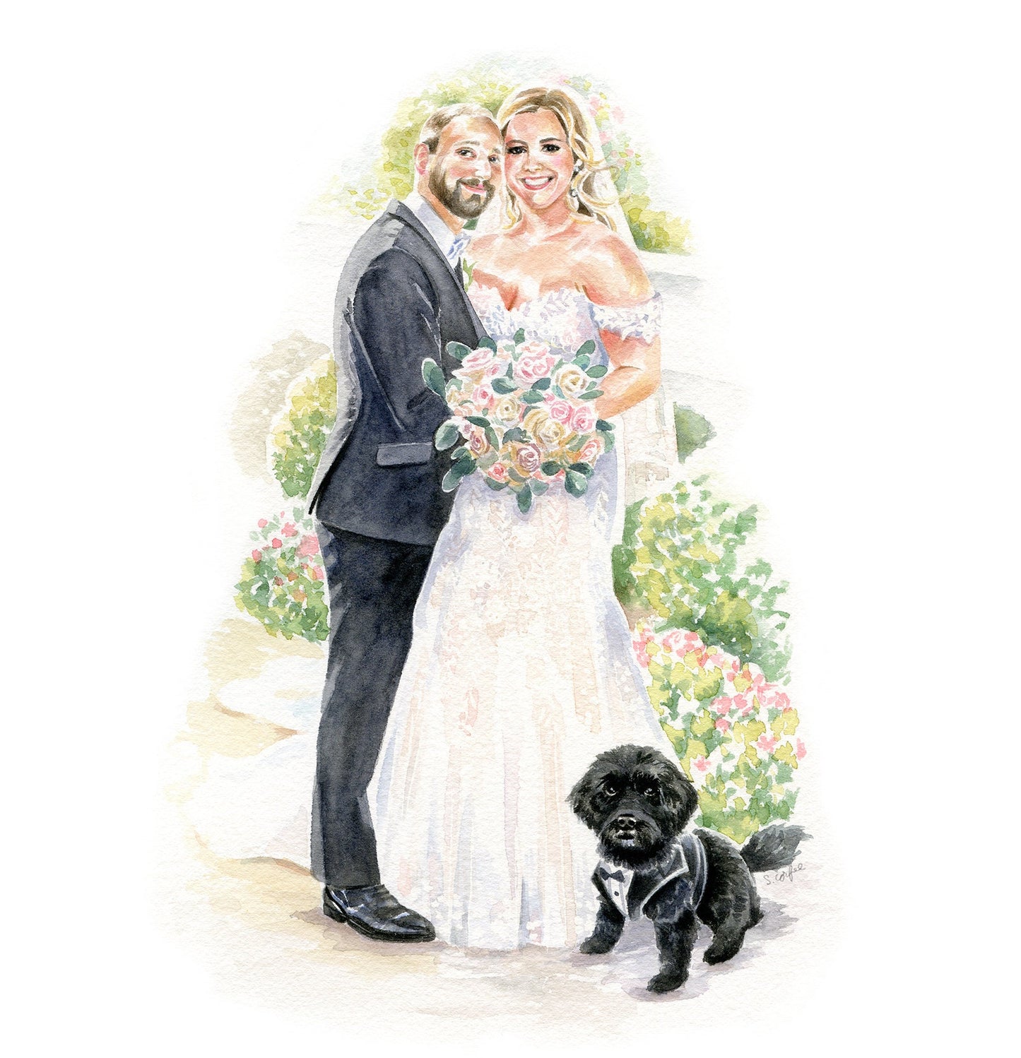Watercolor Wedding Portrait - couples portrait,  bridal Portrait, B&W Portrait, Keepsake Portrait, Portrait Painting