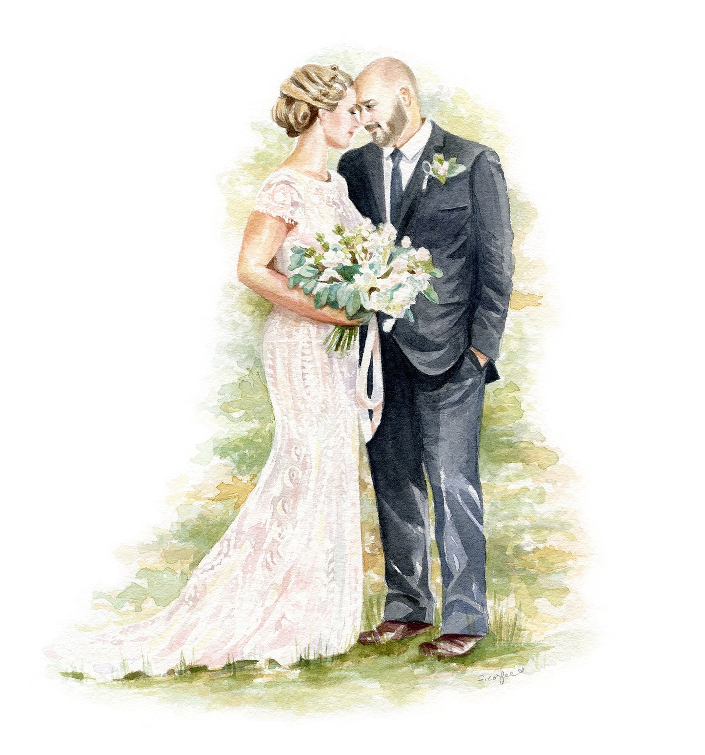 Watercolor Wedding Portrait - couples portrait,  bridal Portrait, B&W Portrait, Keepsake Portrait, Portrait Painting