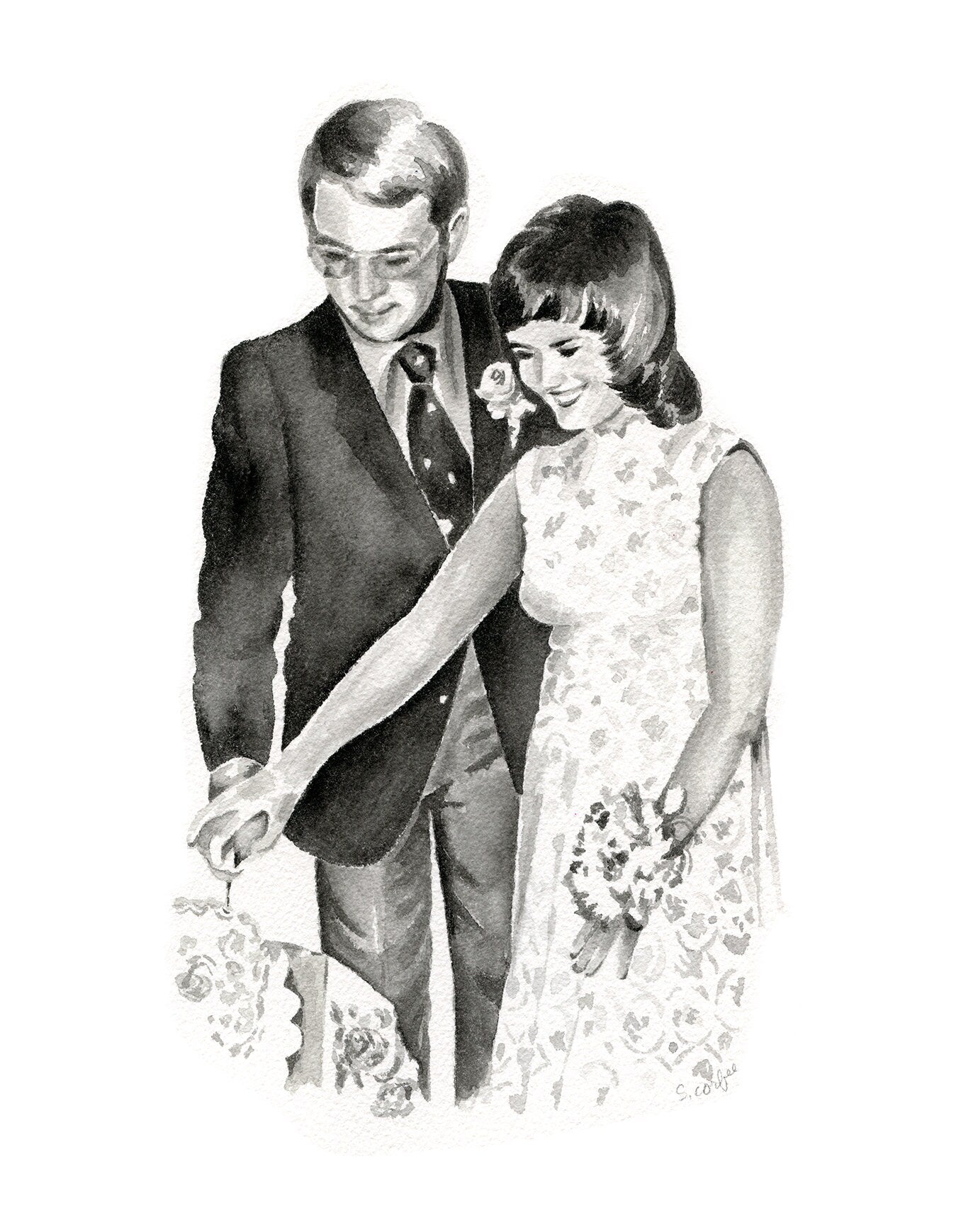 Watercolor Wedding Portrait - couples portrait,  bridal Portrait, B&W Portrait, Keepsake Portrait, Portrait Painting