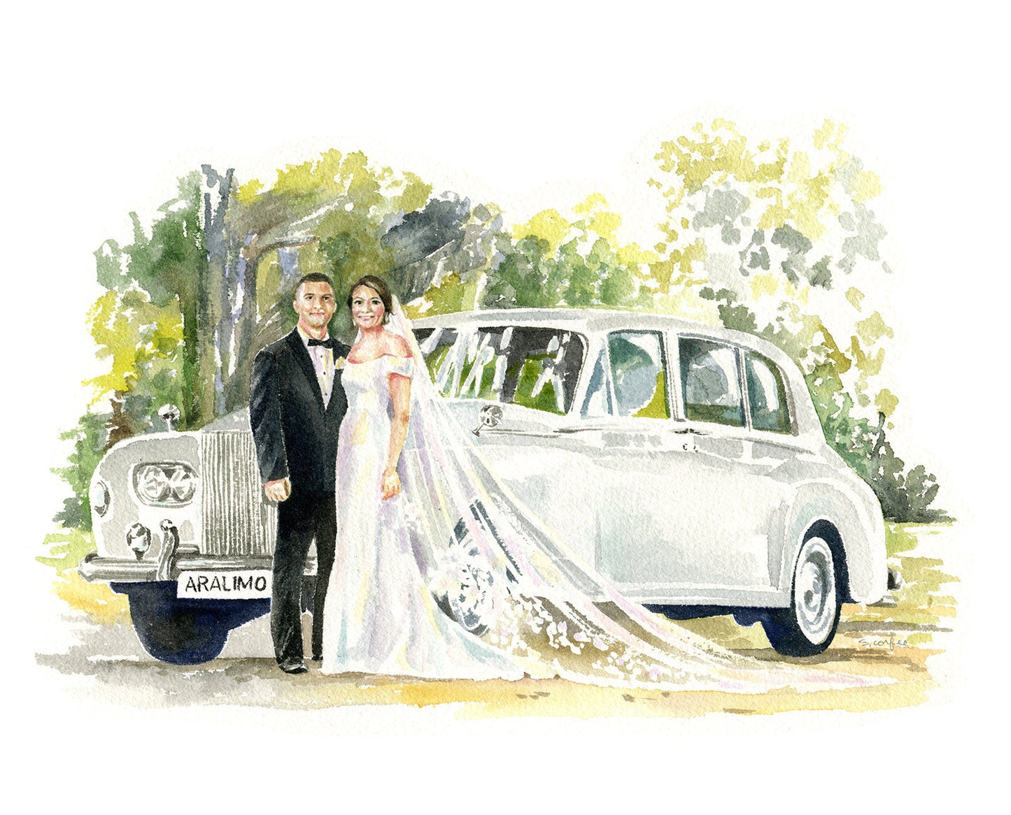 Watercolor Wedding Portrait - couples portrait,  bridal Portrait, B&W Portrait, Keepsake Portrait, Portrait Painting