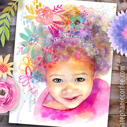 Whimsical Watercolor Child Portraits - kids portrait,  Baby Portrait, fairy Portrait, Keepsake Portrait, colorful Portrait, flower portrait