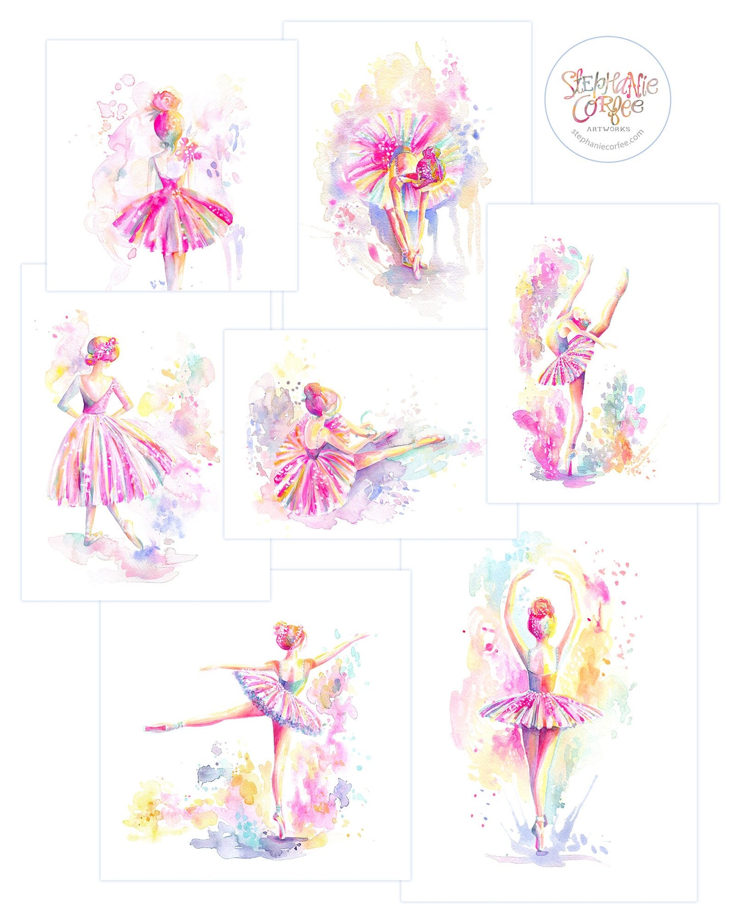 Ballerina Watercolor 7-Print Series - PRINT, ballet, watercolor painting, spatter painting, girl art, nursery art, tutu art