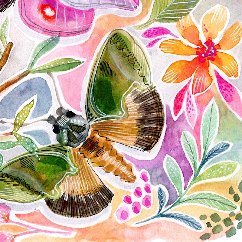 Things With Wings - PRINT - butterfly watercolor, flower art, Feminine Art, Girls Art, Nature Art, moth, dragonfly