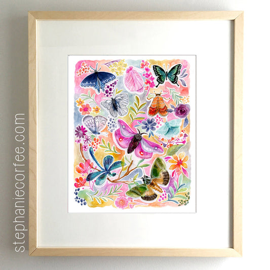 Things With Wings - PRINT - butterfly watercolor, flower art, Feminine Art, Girls Art, Nature Art, moth, dragonfly