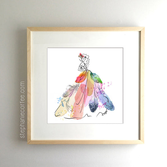 Feather Gown - PRINT - fashion illustration, watercolor, feathers, Feminine Art, Girl Art, rainbow, chic, Dramatic, fashionista, butterfly