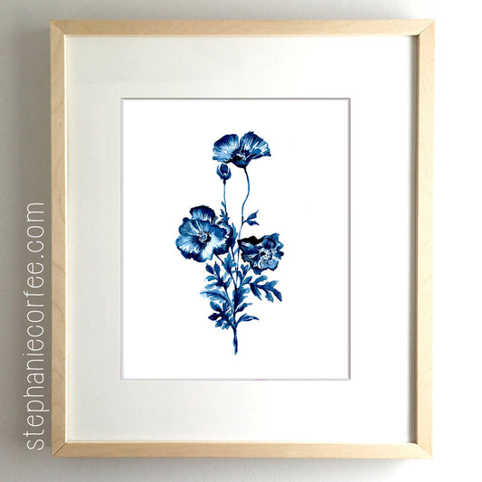 Indigo Poppies - PRINT, monochrome, watercolor, floral, blue, stems, flowers, botanical art
