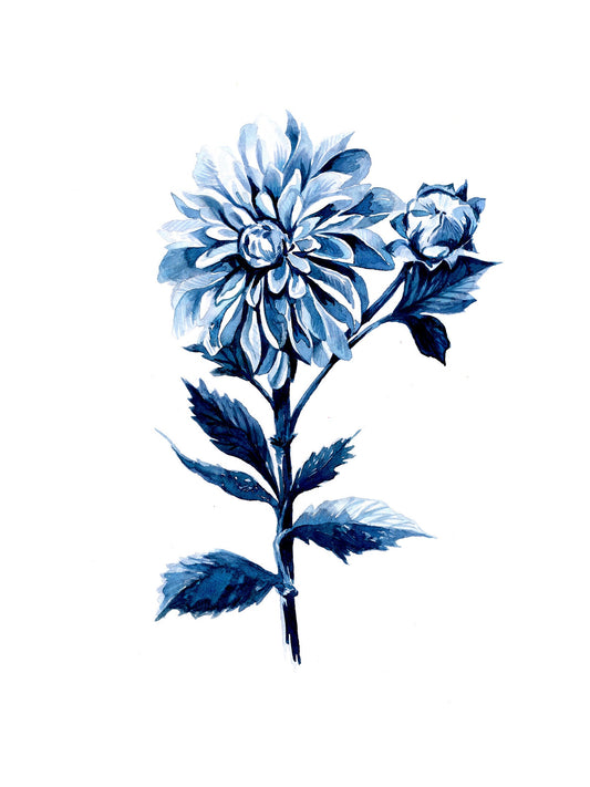 Indigo Dahlia - PRINT, monochrome, watercolor, floral, blue, stems. flowers, botanical art