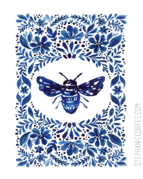 Indigo Bumblebee with Oval Floral Border - PRINT, bee, honeybee, flowers, watercolor, indigo, monochrome art