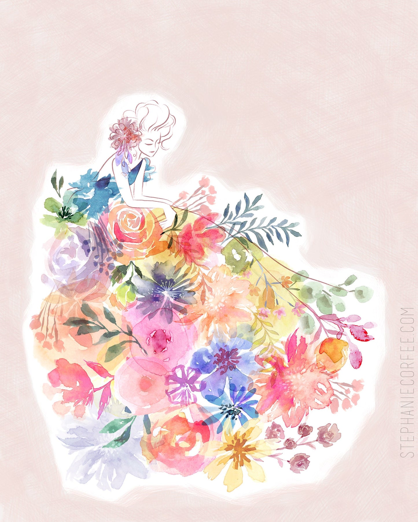 Meadow Gown - PRINT, floral, watercolor, face, head, feminine, pastel, flowers, leaves, fashion, ballgown, girlie