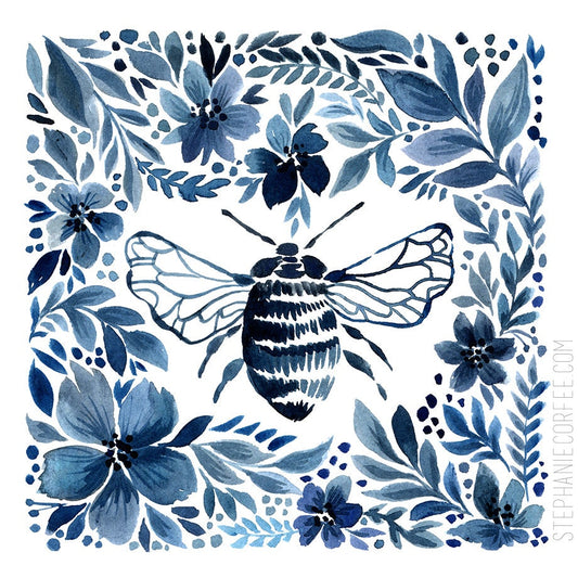 Floral-Border Bumblebee - PRINT, bee, honeybee, flowers, watercolor, indigo, monochrome art