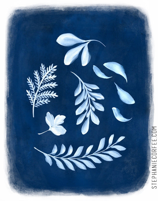Indigo Botanical 2 - PRINT, monochrome, watercolor, floral, stems, blue, stems. leaves, flowers, botanical art