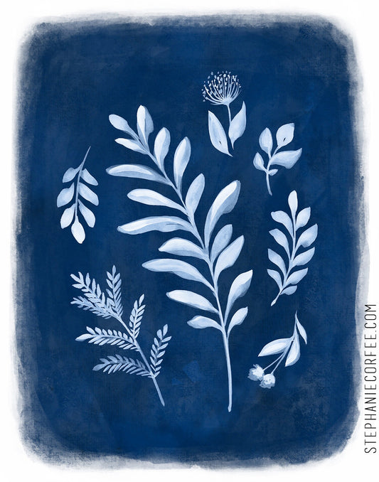 Indigo Botanical 1 - PRINT, monochrome, watercolor, floral, stems, blue, stems. leaves, flowers, botanical art