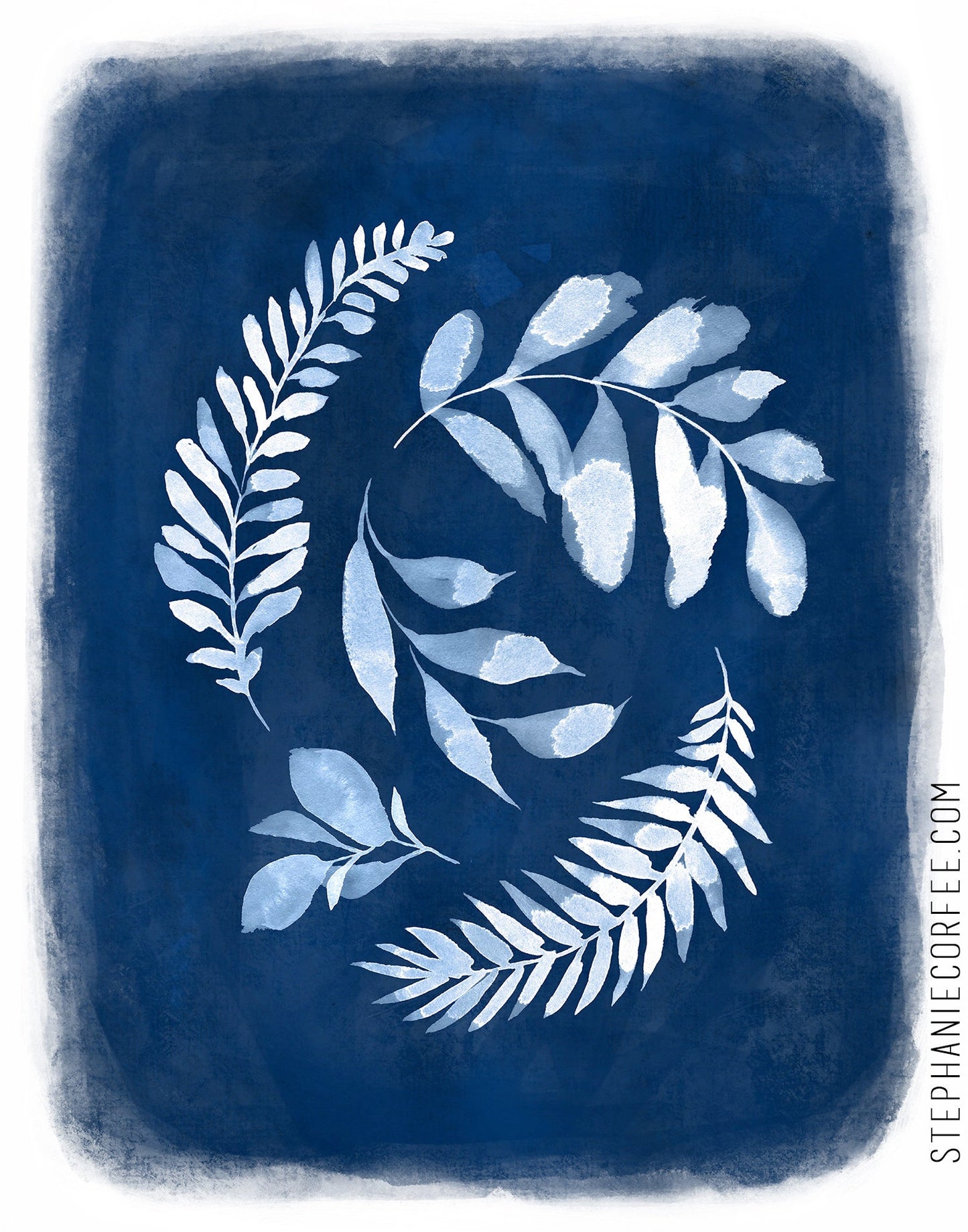 Indigo Botanical 3 - PRINT, monochrome, watercolor, floral, stems, blue, stems. leaves, flowers, botanical art