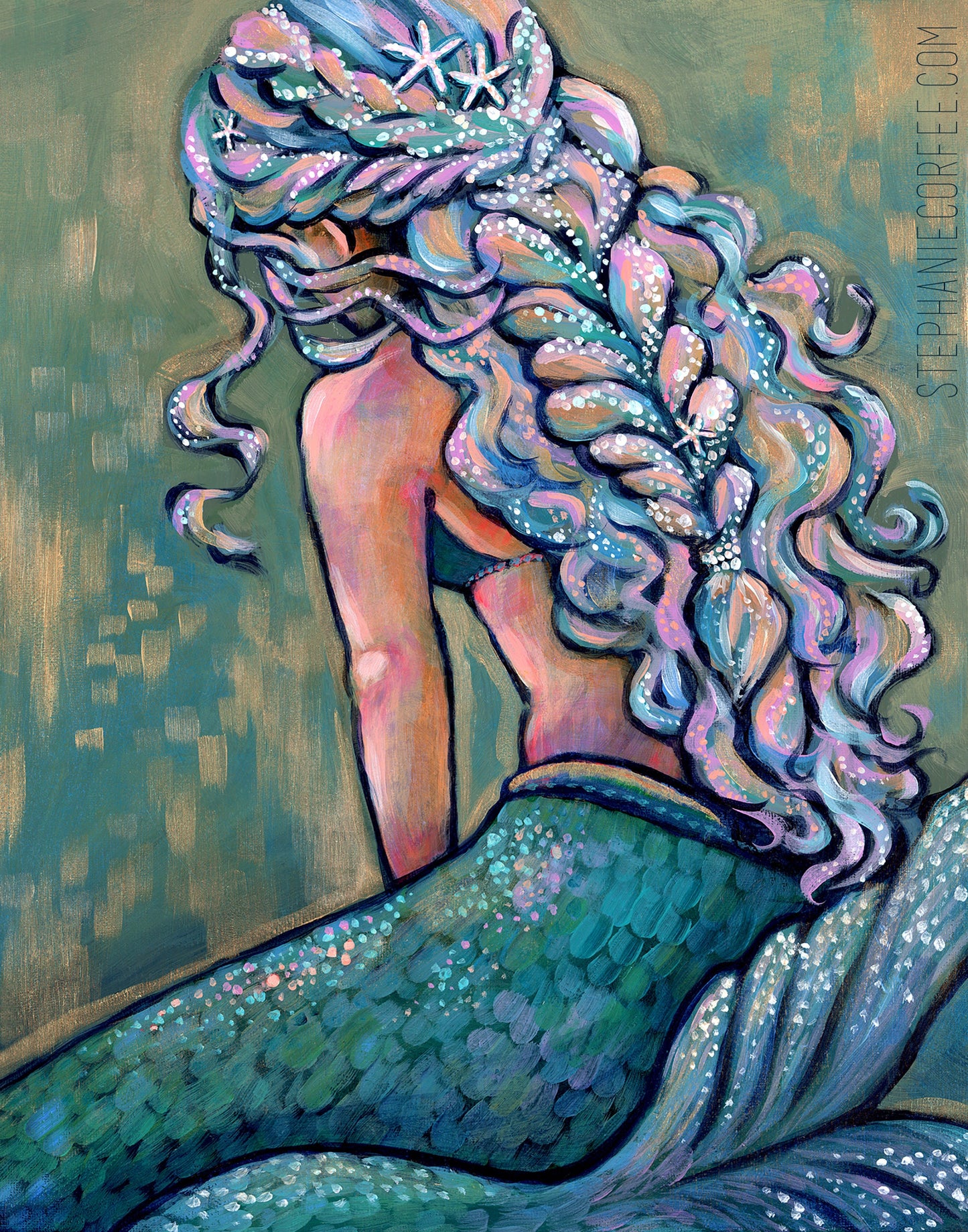 SparklyMermaid PRINT - mermaid art, moody art, starfish, ocean art, magical art, beautiful hair art