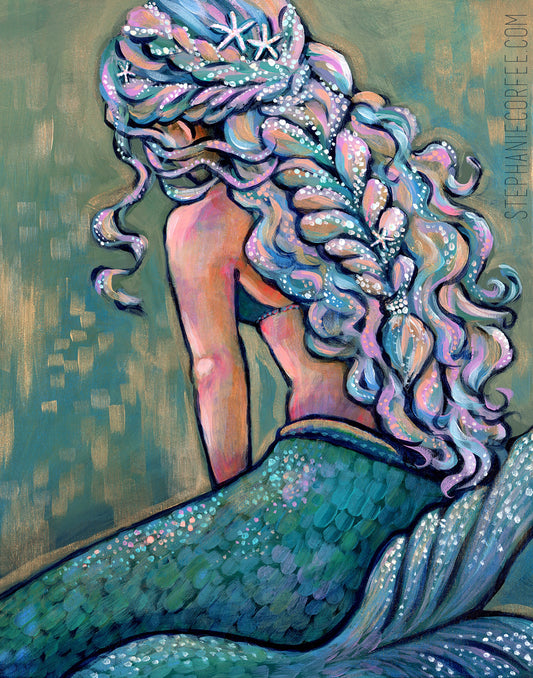 SparklyMermaid PRINT - mermaid art, moody art, starfish, ocean art, magical art, beautiful hair art